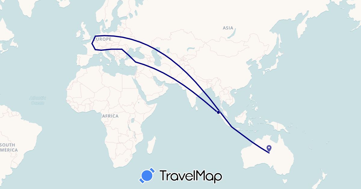 TravelMap itinerary: driving in Australia, France, Indonesia, Italy, Netherlands, Romania, Turkey (Asia, Europe, Oceania)
