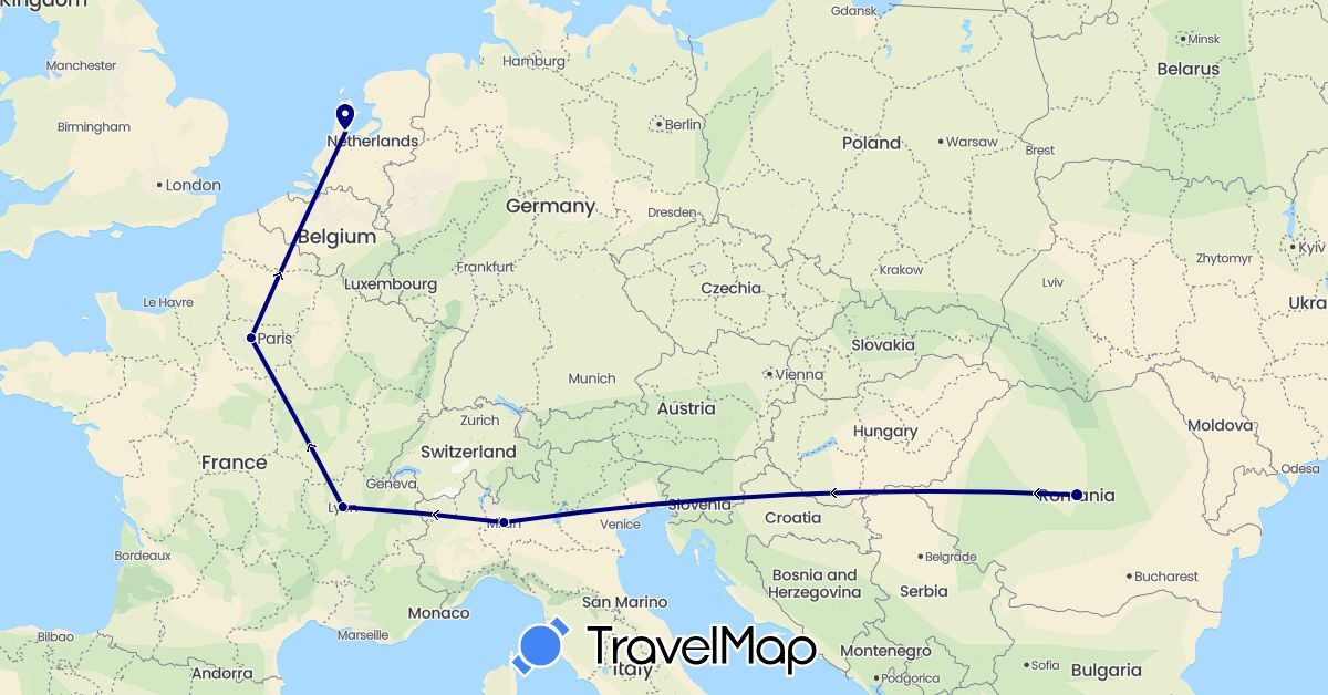 TravelMap itinerary: driving in France, Italy, Netherlands, Romania (Europe)